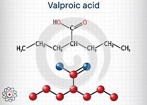 Valproate, VPA, valproic acid molecule. It is anticonvulsant and antiepileptic drug. Structural chemical formula and molecule