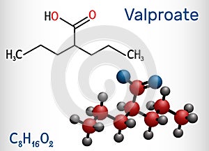 Valproate, VPA, valproic acid molecule. It is anticonvulsant and antiepileptic drug. Structural chemical formula and molecule photo