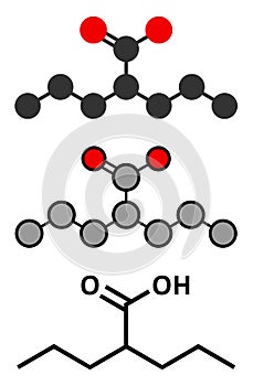 Valproic acid or valproate epilepsy (seizures) drug molecule photo