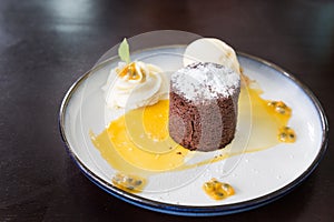Valrhona chocolate moelleux or molten cake with passion fruit