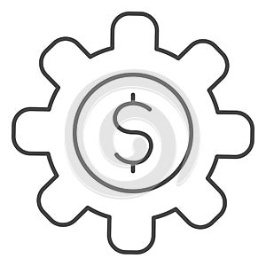 Valuable gear thin line icon. Mechanism cog wheel with dollar symbol, outline style pictogram on white background. Money