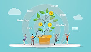 Value investing concept with big tree growth with ratio company analysis like pbv eps der with modern flat style