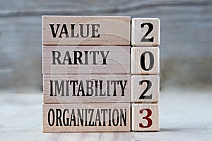 VALUE RARITY IMITABILITY ORGANIZATION 2023 - words on wooden blocks on gray background