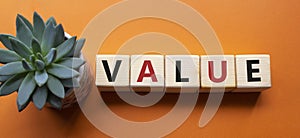 Value symbol. Concept word value on wooden cubes. Beautiful orange background with succulent plant. Business and value concept.