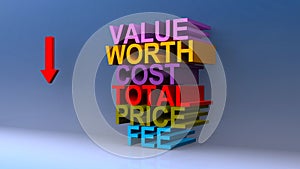 Value worth cost total price fee on blue