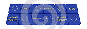 Values of the European Union on Scrabble pieces, 3d illustration