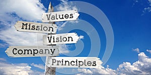 Values, mission, vision, company, principles - wooden signpost with five arrows