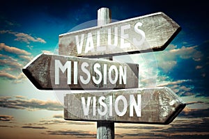 Values, mission, vision - wooden signpost, roadsign with three arrows