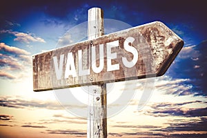 Values - wooden signpost, roadsign with one arrow