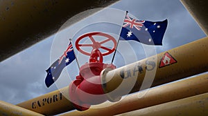 Valve on the main gas pipeline Australia, Pipeline with flags Australia, Pipes of gas from Australia, export of gas by Australia,