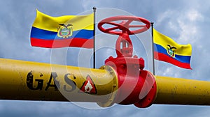 Valve on the main gas pipeline Ecuador, Pipeline with flags Ecuador, Pipes of gas from Ecuador, 3D work and 3D image