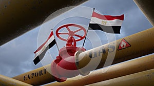 Valve on the main gas pipeline Egypt, Pipeline with flags Egypt, Pipes of gas from Egypt, export of gas by Egypt, 3D work and 3D
