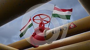 Valve on the main gas pipeline Hungary, Pipeline with flags Hungary, Pipes of gas to Hungary, import of gas to Hungary, 3D work