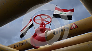 Valve on the main gas pipeline Iraq, Pipeline with flags Iraq, Pipes of gas from Iraq, export of gas by Iraq, 3D work and 3D image