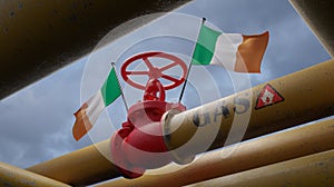 Valve on the main gas pipeline Ireland, Pipeline with flags Ireland, Pipes of gas to Ireland, import of gas to Ireland, 3D work