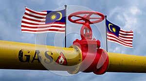 Valve on the main gas pipeline Malaysia, Pipeline with flags Malaysia, Pipes of gas from Malaysia, 3D work and 3D image