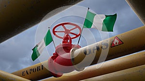 Valve on the main gas pipeline Nigeria, Pipeline with flags Nigeria, Pipes of gas from Nigeria, export of gas by Nigeria, 3D work