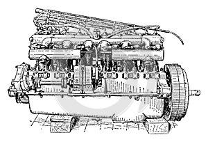 Valve Side View of Six Cylinder Rolls Royce Engine, vintage illustration