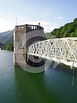 Valve Tower and Steel Bridge in Reservoir