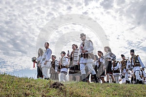 Vama, Romania, September 28th, 2019, People wearing traditional play a wedding look like in Bucovina
