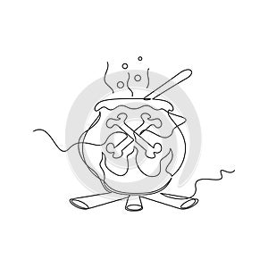 one line art witch's cauldron vector illustration
