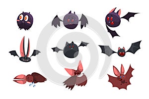 Vampire bat cartoon characters set, funny bats with different emotions vector Illustrations on a white background