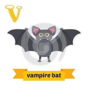 Vampire bat. V letter. Cute children animal alphabet in vector.