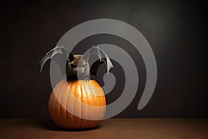 Vampire bat with wings spread sits on a pumpkin with a carved mask of Jack head for Halloween on brown background with