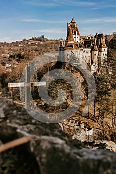 Vampire Bran Castle View from Hill with Cross