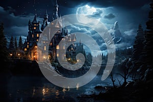 vampire Castle with a landscape of trees, foggy, in the night. by Generative AI