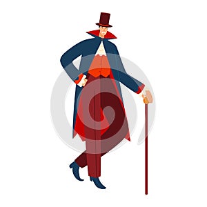 Vampire character man, traditional male bloodsucker hold walking stick isolated on white, cartoon vector illustration