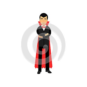 Vampire character posing with folded hands, Count Dracula wearing black suit and red cape vector Illustration