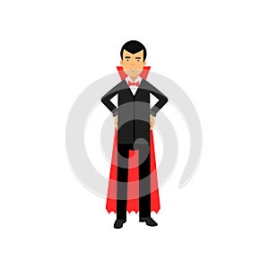 Vampire character posing with hands on a hip, Count Dracula wearing black suit and red cape vector Illustration