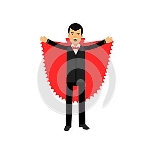 Vampire character posing with red cape, Count Dracula wearing black suit vector Illustration