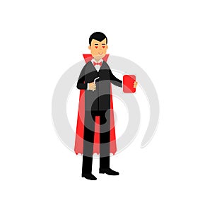 Vampire character standing with a flask of blood and straw, Count Dracula wearing black suit and red cape vector