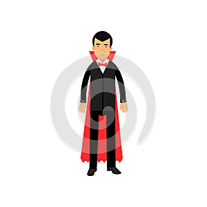 Vampire character wearing black suit and red cape standing, Count Dracula vector Illustration