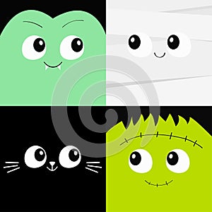 Vampire count Dracula, Mummy, black cat, Frankenstein zombie square face head icon set. Happy Halloween. Cute cartoon funny spooky