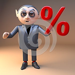 Vampire dracula 3d cartoon Halloween monster holding a percentage symbol, 3d illustration