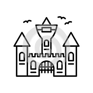 Vampire Dracula Castle Line Icon. Halloween Gothic Spooky Castle Outline Pictogram. Scary Dark Old Castle for Halloween