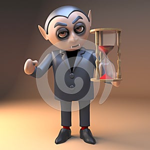 Vampire dracula character in black holding an hourglass with red sand, 3d illustration