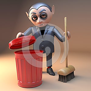 Vampire dracula character with fangs is cleaning up with a broom and red rubbish bin, 3d illustration