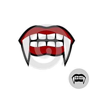 Vampire dracula teeth illustration. Red lips mouth with fangs.
