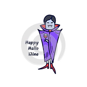 Vampire drinking a glass of wine with the phrase Happy Hallowine