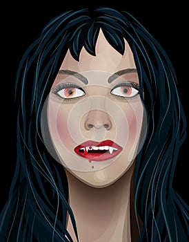 Vampire Halloween Woman portrait on a black background. Gothic lady with long hair and blood on his lips. Vector