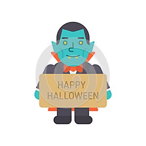 Vampire holding sign with inscription happy halloween