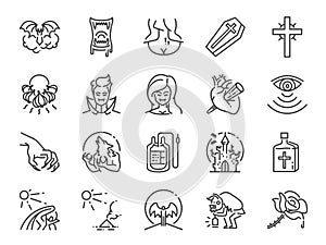 Vampire line icon set. Included icons as monster, blood, fang, undead and more.