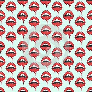 Vampire lips seamless pattern. Pop art vector illustration for halloween, packing, fabric, clothes print