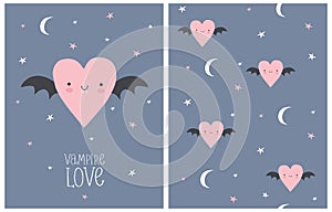 Vampire Love. Halloween Party Vector Illustration and Seamless Pattern.