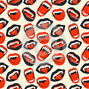 Vampire mouth with fangs Seamless pattern with doodles.