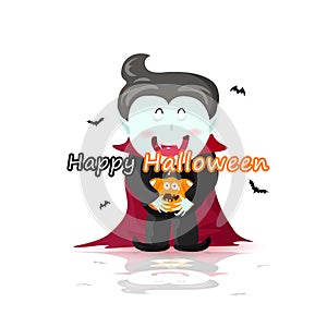 Vampire with pumpkin, Happy Halloween Day, cute cartoon poster and greeting card, vector illustration